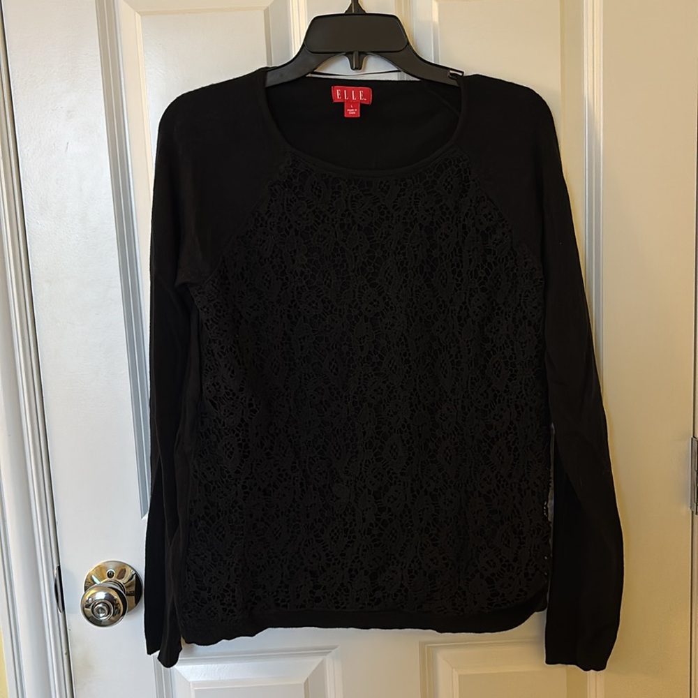 ELLE Womens Sweater Blue Long Sleeve, Lace Crew Neck, Size Large